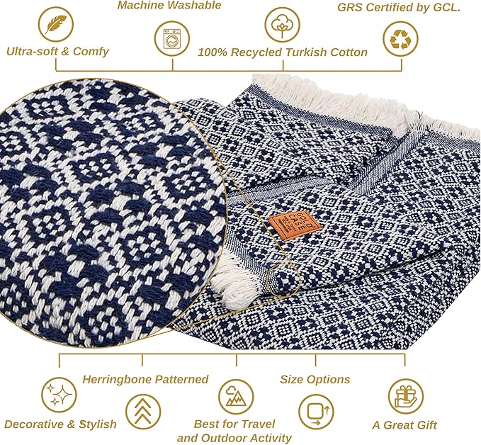 Gold Case Throw Blanket for Couch - 100% Recycled Turkish Cotton Blankets & Throws - Retro Soft Throw Blankets for Living Room Sofa - Boho Decorative Woven Throws for Couch - 60x80 - Navy Blue-Ruum Studio Home