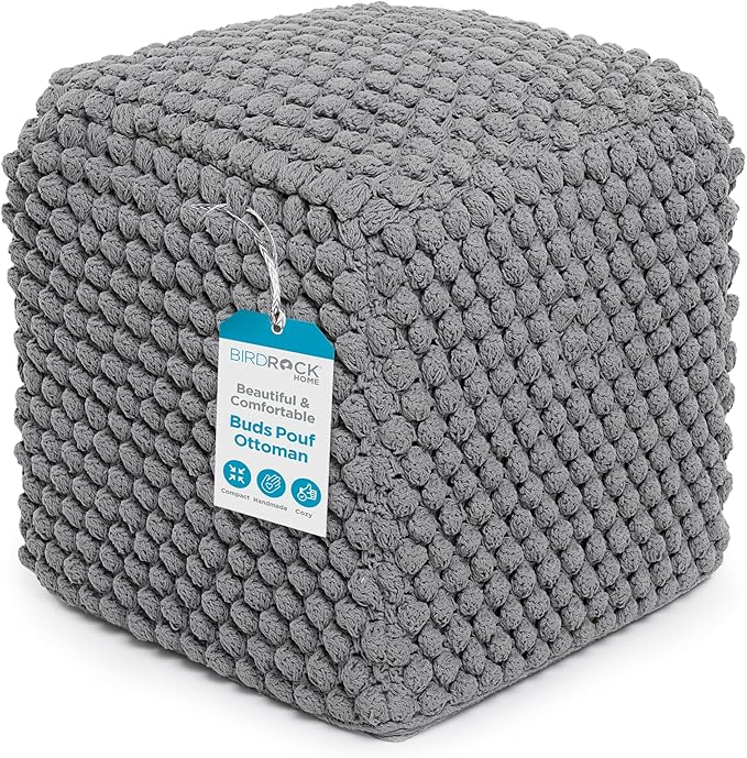 BIRDROCK HOME Buds Pouf Foot Stool Ottoman - Knit Bean Bag Floor Chair - Cotton Braided Cord - Great for The Living Room, Bedroom and Kids Room - Small Furniture (Grey - Buds)-Ruum Studio Home
