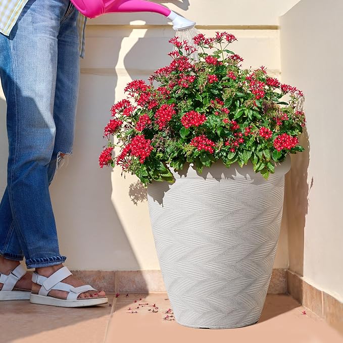 Worth Garden 2-Pack 16" Large Round Planter - Weave Pattern Lightweight Plastic Plant Pot 16" x 17.5" for Indoor Outdoor Use - Decorative Containers for Front Porch Home Yard Deck Patio - White-Ruum Studio Home