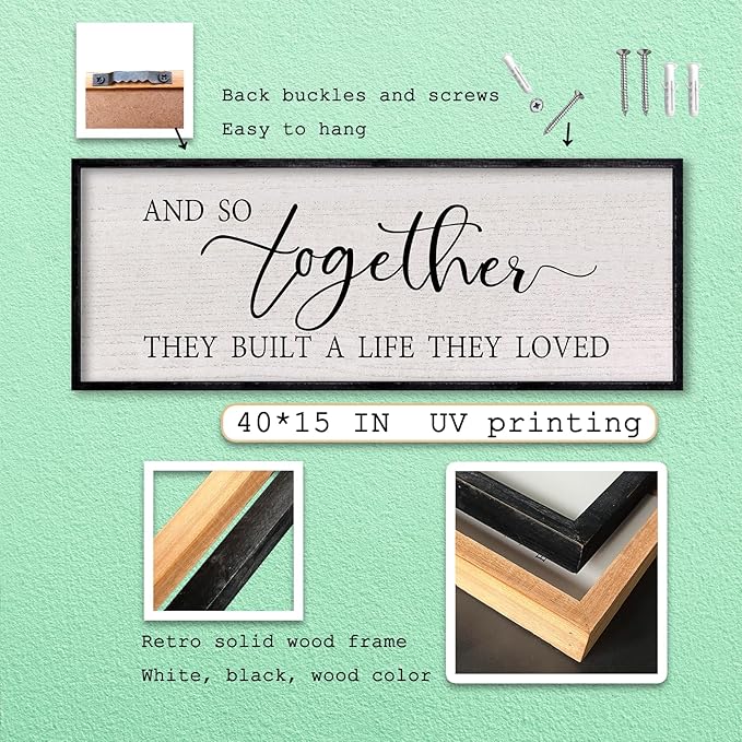 LuZhiQiang And So Together They Built A Life They Loved Sign Wall Decor 40"x15" Large Wood Framed Above Over Bed For Master Bedroom Hanging Wall Art (Black)-Ruum Studio Home