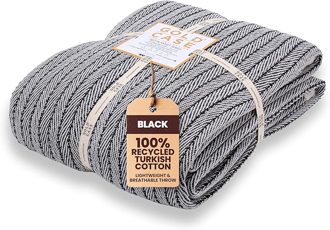Gold Case Throw Blanket for Bed – 100% Recycled Turkish Cotton Bed Blanket – Decorative Throw Cotton Blankets for Living Room & Bedroom – Vintage Black Woven Queen Blankets – 90x90-Ruum Studio Home