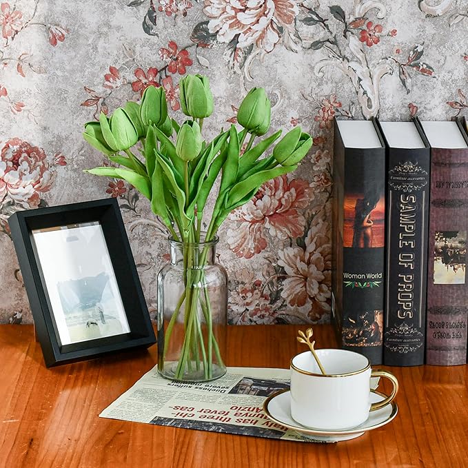 Mandy's Artificial Tulips 20 Stems Green PU Faux Flowers for Wedding Home Decor 13.5 Inch-Ruum Studio Home