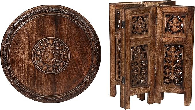Lightnpro Handcrafted Wooden Round Accent Table - Vintage Farmhouse Octagonal Side End Table with Intricate Carvings for Living Room, Bedroom, Entryway - 18x18 Inch - Burnt-Ruum Studio Home