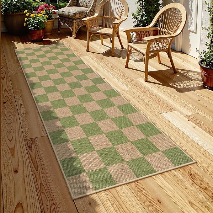 Lahome Checkered Entryway Runner Rug, 2x8 Green Washable Rug Runners for Hallway Non Slip, Farmhouse Indoor Outdoor Non Shedding Kitchen Mats for Floor Porch Balcony-Ruum Studio Home