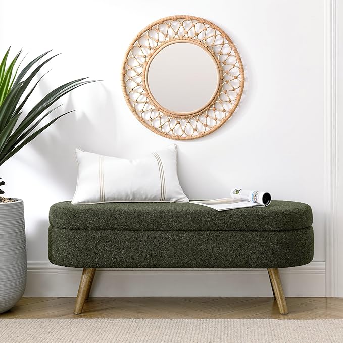 Oval Storage Bench 43.5" Linen Fabric Upholstered Entryway Bench with Solid Wood Legs Ottoman Bench Indoor Bench for Living Room/Bedroom/End of Bed/Entryway (Dark Green)-Ruum Studio Home