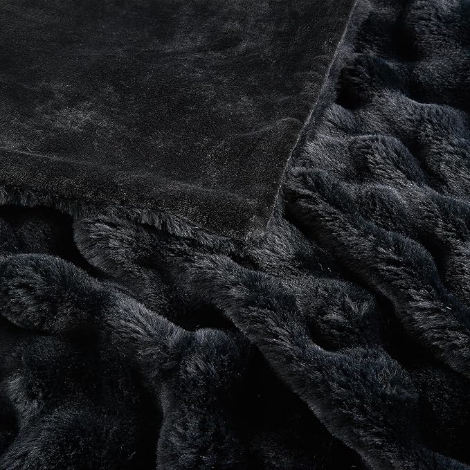 Lotus Karen Faux Fur Blanket - Black Twin Size, Big Bubble Rabbit Fluff, 60x80 Inches-Ruum Studio Home