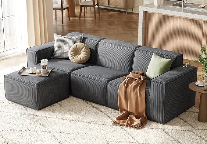 LINSY HOME Oversized Modular Sectional Sofa, 105" Cloud Couch L Shaped 3-Seat Sofa with Ottoman, Corduroy Deep Seat Modular Couches for Living Room, No Assembly Required, Bluish Grey-Ruum Studio Home