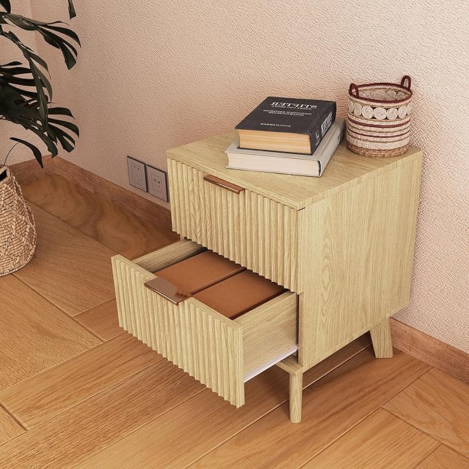 Fluted Nightstand, Mid Century Modern 2 Drawer Bedside Table for Bedroom, Small Dresser Night Stand Side End Table with Wood Fluted Drawer Storage for Bedroom Closet(Natural)-Ruum Studio Home