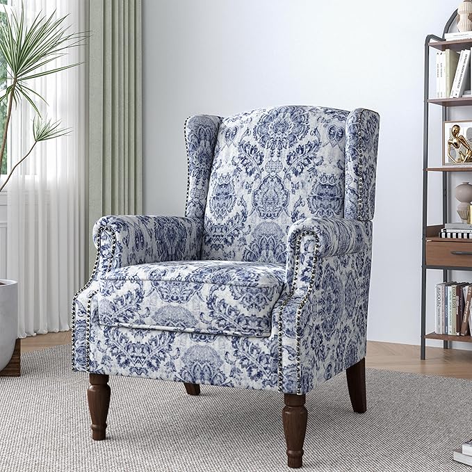 Lumibee Wingback Accent Chair,High Back Floral Armchairs in Fabric,Comfy Upholstered Reading Single Sofa Chair with Solid Wood Legs for Living Room,Bedroom,Office-Navy-Ruum Studio Home