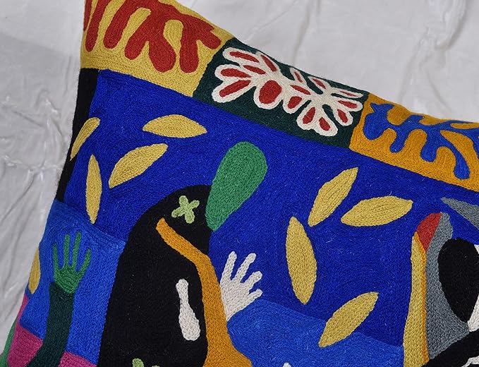 Matisse Decorative Pillow Cover - Music Modern Chair Cushion| Modern Farmhouse Pillows | Flower Outdoor Pillow | Mid Century Chair Cushions |Hand Embroidered Wool Size 18x18-Ruum Studio Home