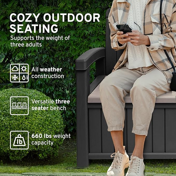 EconoHome 3 Seat Outdoor Storage Bench - 90 Gallon Capacity - Weatherproof Resin Bench for Patio, Porch, Garden, Yard, Pool Area - Furniture for Pool Accessories, Gardening Tools, Toys-Ruum Studio Home