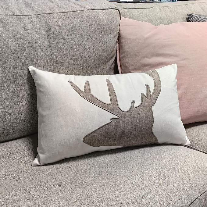 Lumbar Pillow Covers 12x20 Inches Deer Decorative Cotton Linen Deer Head Throw Lumbar Waist Embroidered Cushions Covers for Couch Sofa Bedroom White-Ruum Studio Home
