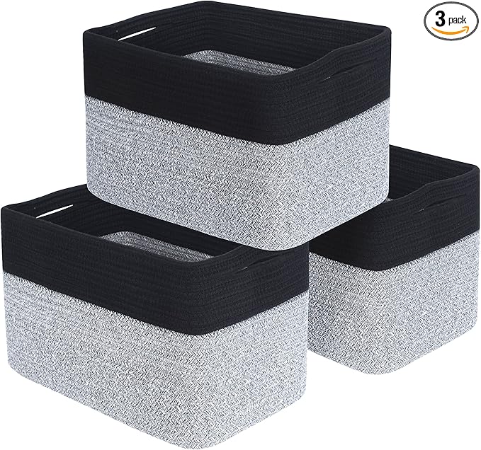 MINTWOOD Design 3-Pack Storage Baskets for Shelves, Playroom Classroom Storage Basket, Book Basket, Decorative Storage Cube Bins, Woven Closet Organizers, Pantry and Shoe Organizer, Black Light Grey-Ruum Studio Home