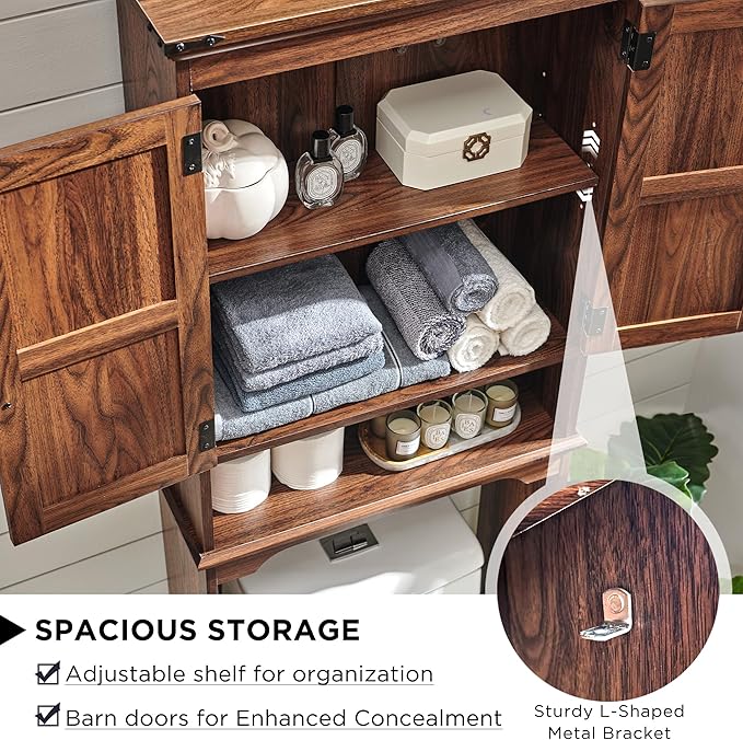 Over The Toilet Storage Cabinet, Farmhouse Bathroom Cabinet with Adjustable Shelf & Barn Door, 67" Tall Over The Toilet Shelf, Brown-Ruum Studio Home