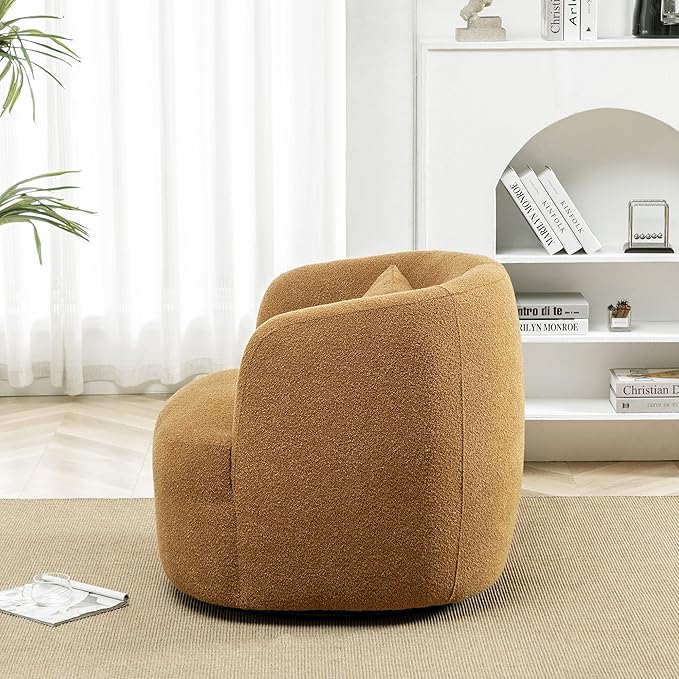 KINWELL 34" Wide Boucle Swivel Barrel Chair, No Assembly Round Upholstered Armchair Accent Chair Single Sofa Chair with Toss Pillow for Living Room and Bedroom, Brown-Ruum Studio Home