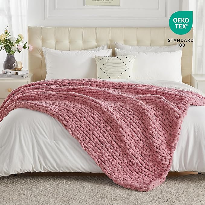 Carriediosa Chunky Knit Throw Blanket 50" X 60", 100% Hand Made Large Chenille Loop Yarn Soft Fluffy Throws for Couch Sofa Bed, Big Crochet Cozy Heavy Thick Cable Woven Blanket, Mauve-Ruum Studio Home