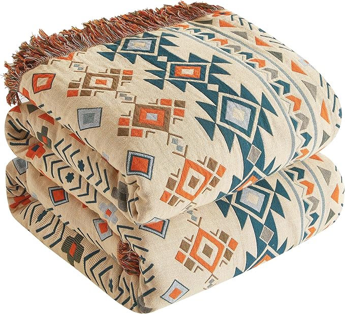 Boho Throw Blanket for Bed 80”x90”, 100% Cotton Woven Blanket for Couch Sofa, Ultra Soft 4-Layer Muslin Quilt with Diamond Pattern, Farmhouse Bed Blanket/Cover for Living Room Decor-Ruum Studio Home
