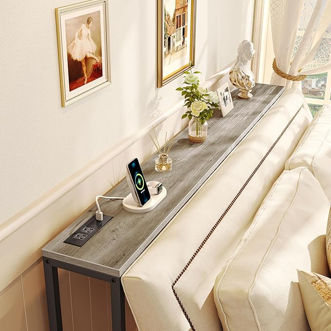SUPERJARE Console Table with Outlet, 63 Inch Sofa Table with Charging Station, Narrow Hallway Entryway Table, Behind Couch Table, for Living Room, Oak-Ruum Studio Home