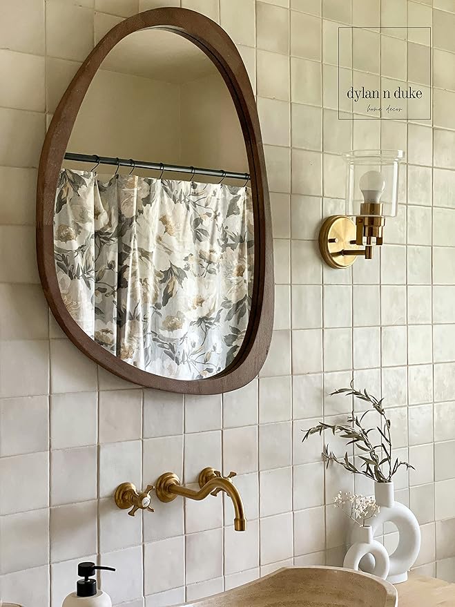 Irregular Wood Frame Boho Mirror - Large Wall Mounted Accent, Asymmetrical, Modern Aesthetic Wall Decor for Bedroom, Entryway, Living Room, Bathroom (Brown)-Ruum Studio Home