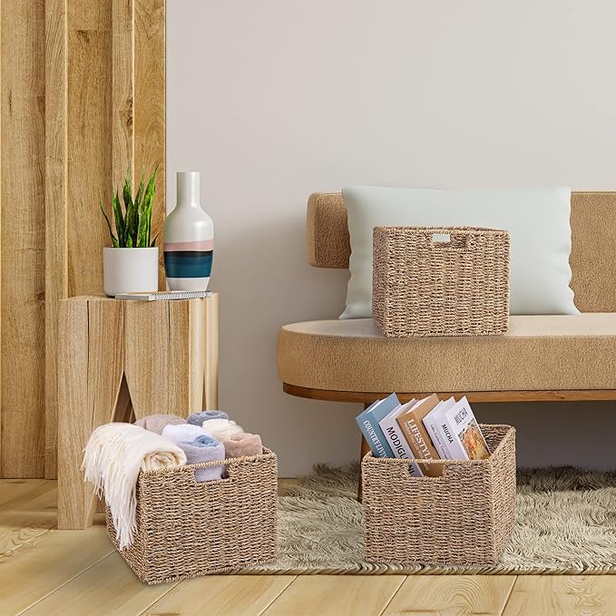 12x12x10in Seagrass Storage Baskets Set of 4, Large Wicker Storage Basket, Decorative Seagrass Shelf Basket, Pantry Baskets Organization,Folding Storage Cube Bins-Ruum Studio Home