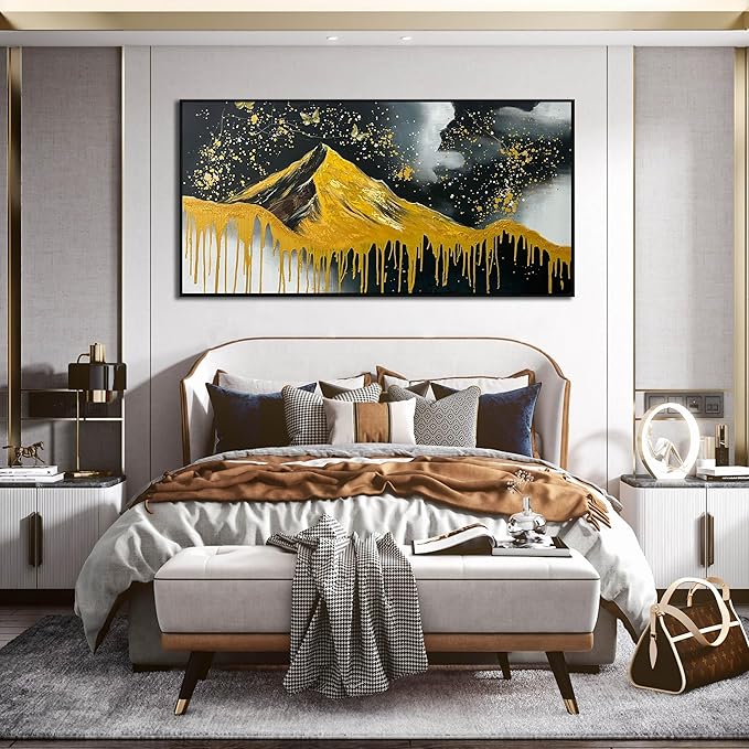 Gold Mountains Painted Wall Art for Living Room - Hand Painted Abstract Wall Art for Office - Black Framed Wall Art for Bedroom Size 29" x 59"-Ruum Studio Home
