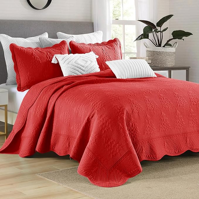 MarCielo 3-Piece Christmas Quilt 100% Cotton Oversized Bedspread Lightweight Coverlet Embroidery Christmas Tree Pattern Bedding Set (TC Red, Oversized Queen (100"x106"))-Ruum Studio Home