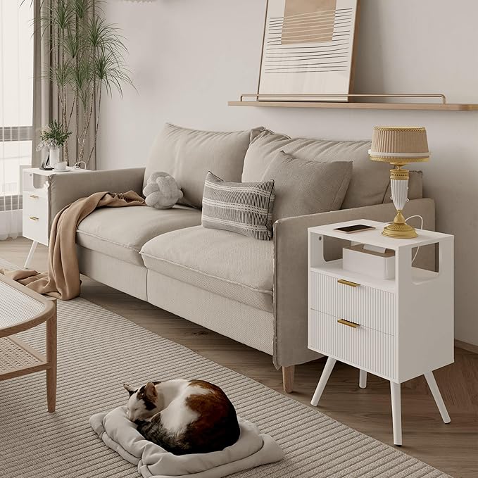 White Nightstand with Charging Station and LED Lights,Modern Bedside Table with 2 Storage Drawer and Open Wood Shelf, for Bedroom and Small Spaces,Night Stand with Solid Wood Legs,White-Ruum Studio Home