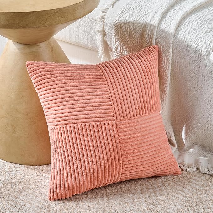Fancy Homi 2 Packs Coral Samll Decorative Throw Pillow Covers 14x14 Inch with for Couch Bed Sofa, Rustic Farmhouse Boho Home Decor, Soft Corss Patchwork Corduroy Square Peach Cushion Case 35x35 cm-Ruum Studio Home