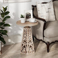 Rustic Farmhouse Wooden End Table, Distressed Round Accent Table with Intricate Carved Floral Patterns, Boho, for Living Room, Bedroom, or Entryway, Distressed Wood Color-Ruum Studio Home