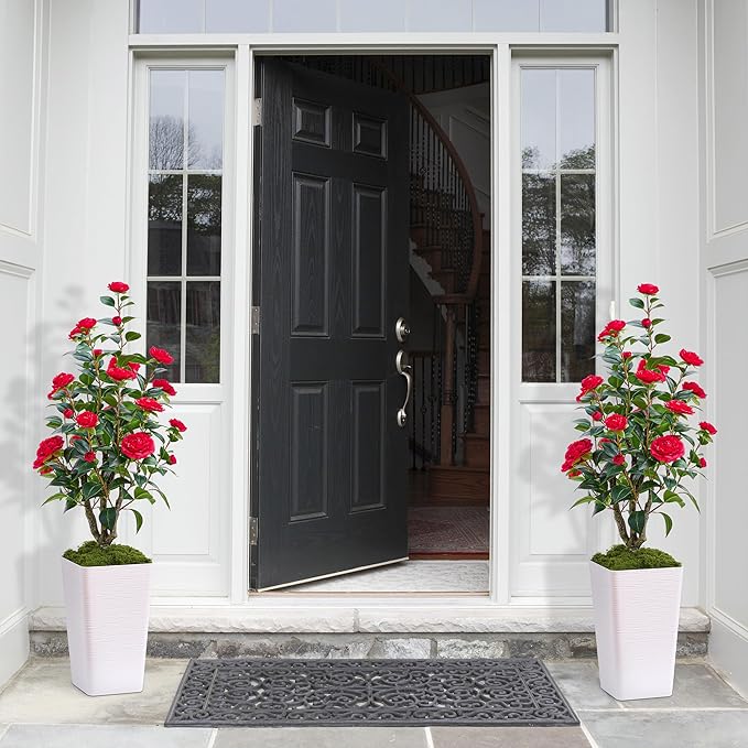 Artificial Camellia Tree 4FT Faux Trees Indoor Fake Floral Plant Blooming Tree with Red Flowers & White Tall Planter, Faux Camellia Plants for Porch Home Room Bedroom Office Front Door Outdoor Decor-Ruum Studio Home