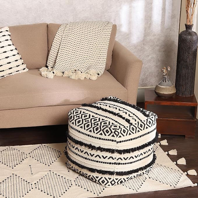 REDEARTH · Tufted Pouf Ottoman with Filler Textured Storage Cube Bean Bag Pouffe Footrest for Living Room, Bedroom, Nursery, Kidsroom; 100% Cotton (17.5"X17.5"X17.5", Geometric Craft Black)-Ruum Studio Home