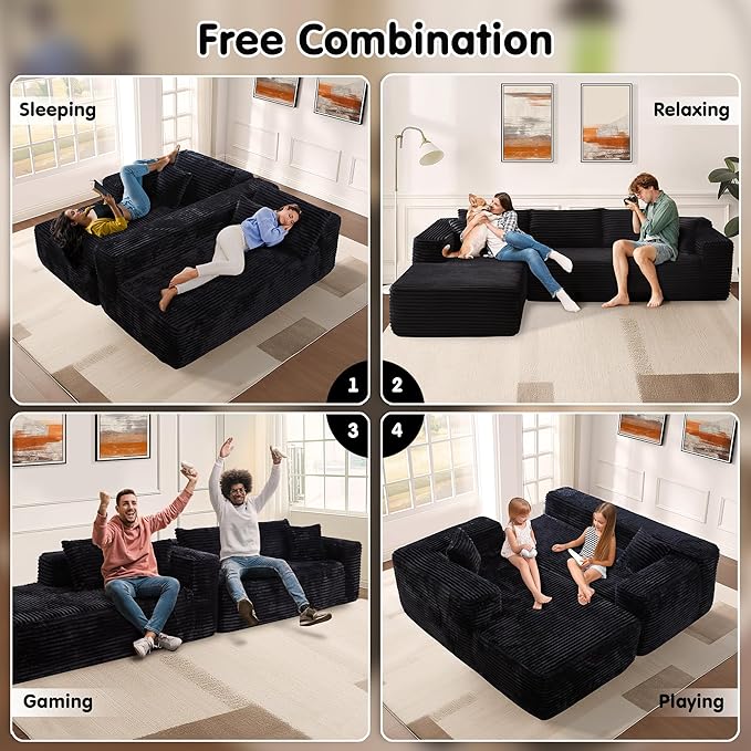ovios 104" Cloud Sectional Couch with L-Shape Chaise,Modern Modular Sofa with Deep Seat, Upholstered Couches for Living Room Bedroom,No Assembly Required, Black (Plush Corduroy Fabric)-Ruum Studio Home