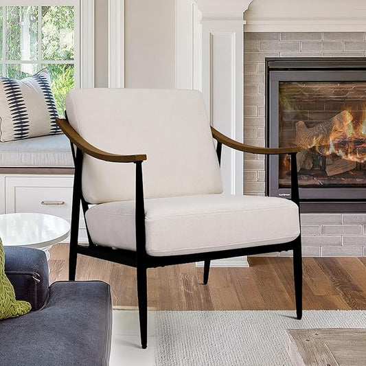 Modern Accent Chair for Living Room Bedroom Mid Century Arm Chair Upholstered Office Accent Chair Comfy Waiting Room Chair with Metal Frame, Cream White-Ruum Studio Home