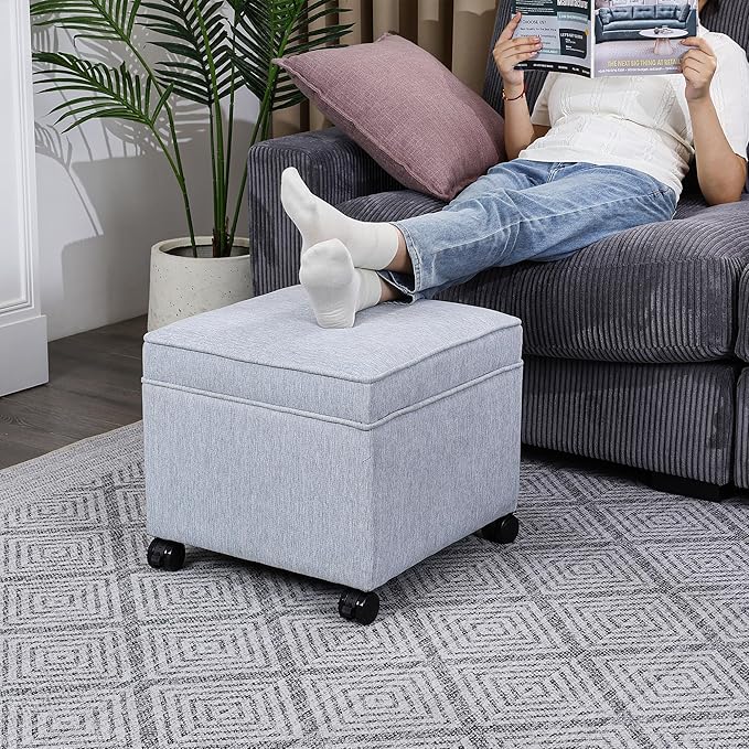 Adeco 17.5" Square Fabric Ottoman with Storage, Upholstered Cotton Linen Foot Rest, Flip Top Footstool, Small Cube Coffee Table Extra Seat for Living Room, Bedroom, Ice Blue with Rolling Legs-Ruum Studio Home