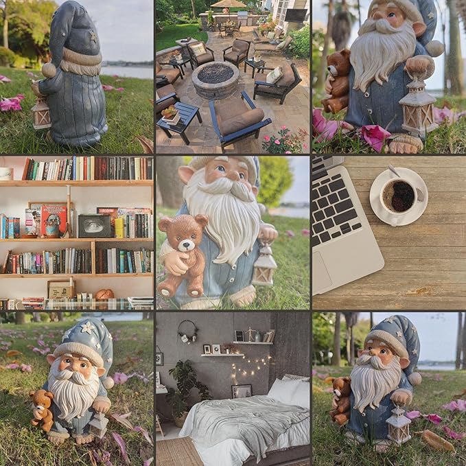 Sleepy Garden Gnome with Teddy Bear & Lantern - 9" Weatherproof Resin Statue - Indoor Outdoor Decor - Whimsical for Home, Patio & Lawn-Ruum Studio Home