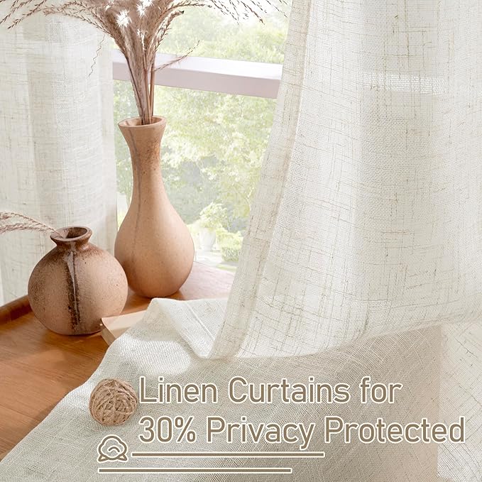 LAMIT Natural Cream Ivory Long Linen Curtains for Living Room, 108 inches Long Bronze Grommet Light Filtering Window Textured Neutral Sheer Drapes for Bedroom Farmhouse, 2 Panels, 52 x 108 Inch-Ruum Studio Home
