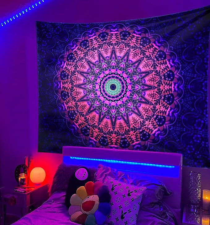 ADDWel Blacklight Mandala Boho Tapestry Glow In The Dark, Black Light Bohemian Hippie Poster Wall Hanging for Bedroom Aesthetic Wall and Room Decor (60" x 80", Mandala)-Ruum Studio Home