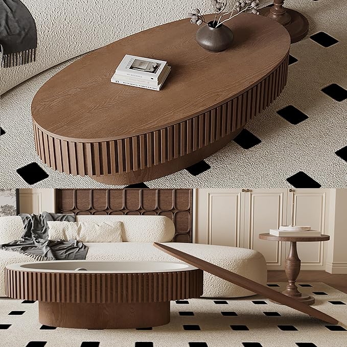 47.2''Oval Coffee Table with Storage, Mid Century Modern Fluted Drum Center Tables with Lid, Solid Wood Side Pedestal Coffee Table Tea Table for Living Room, Bedroom, Apartment-Walnut-Ruum Studio Home