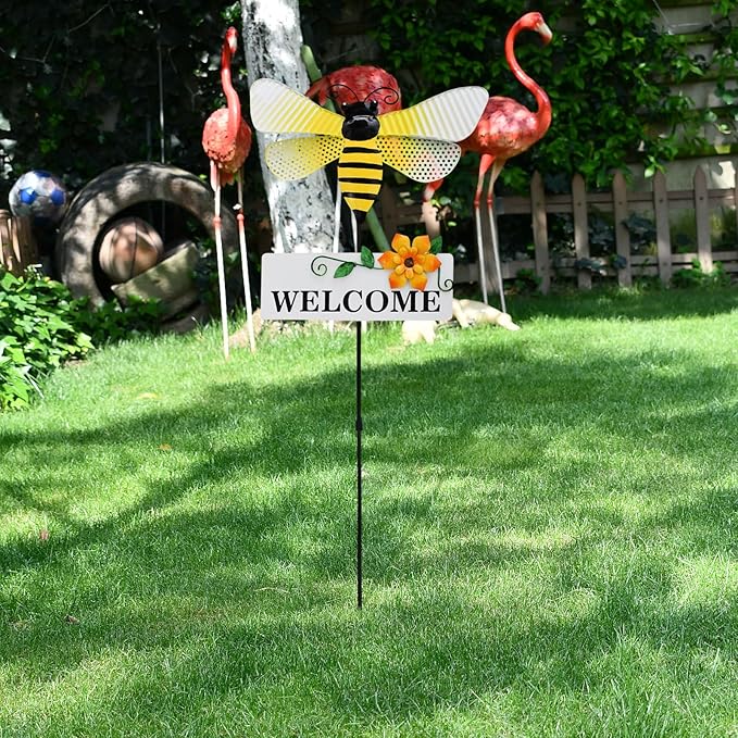 Veclotch 30"" H Metal Bee Garden Stake,Rustic Bee Decorative Yard Stakes Metal Yard Art Ornaments Welcome Sign Outdoor Spring Garden Decor for Patio Lawn Porch Pathway Decor-Ruum Studio Home