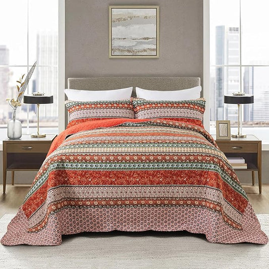 NEWLAKE Cotton Bedspread Quilt Sets - Reversible Patchwork Coverlet Set, Red Striped Jacquard Pattern, California King Size-Ruum Studio Home
