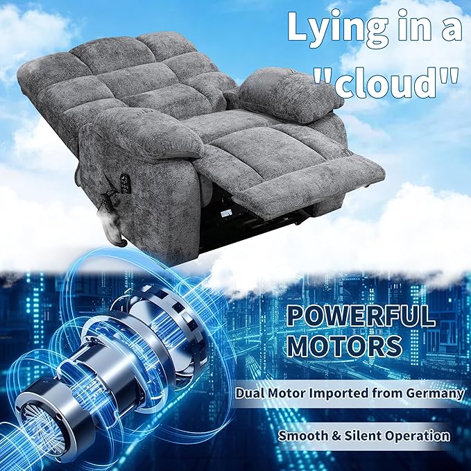 Power Lift Recliner Chair for Elderly People, Lay Flat Recliner with Vibration Massage and Lumbar Heating, Lift Chair with Infinite Position and 2 Remote Controls, Chenille Fabric Gray-Ruum Studio Home
