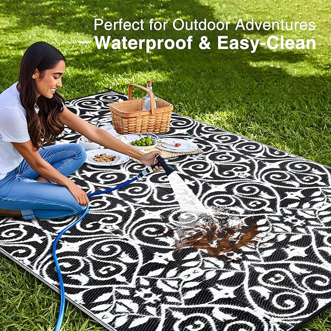 OLANLY Outdoor Rug Waterproof 9x12 ft Clearance, Reversible Outdoor Plastic Straw Rug with Floral Pattern, RV Mat for Patio, Camping, Balcony, Deck, Backyard, Black & White-Ruum Studio Home