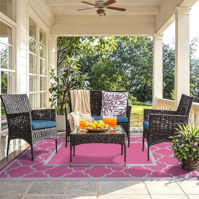 GENIMO 6' x 9' Outdoor Rug Waterproof for Patio Decor, Foldable Reversible Plastic Straw Area Rugs Mat for Camper, Outside Carpet for Rv, Deck, Porch, Picnic, Beach, Balcony, Pink & Grey-Ruum Studio Home