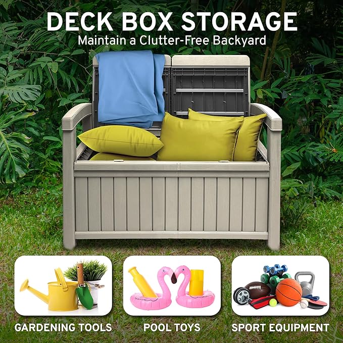 EconoHome 2 Seat Outdoor Storage Bench with Rain Cover - 60 Gallon Capacity - Weatherproof Resin Bench for Patio, Porch, Garden, Yard, Pool Area - Furniture for Pool Accessories, Gardening Tools-Ruum Studio Home