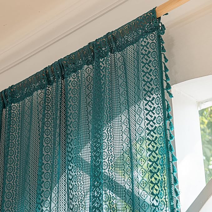 Sutuo Home Boho Curtains 96 inches Long for Bedroom Living Room Nursery Room, Crochet Lace Sheer Bohemian Hollow with Tassels,Window Treatment Drapes, Rod Pocket 1 Panel 59" W x 96" L, Turquoise-Ruum Studio Home