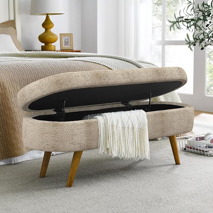 Oval Storage Bench 43.5" Linen Fabric Upholstered Entryway Bench with Solid Wood Legs Ottoman Bench Indoor Bench for Living Room/Bedroom/End of Bed/Entryway (Brown)-Ruum Studio Home