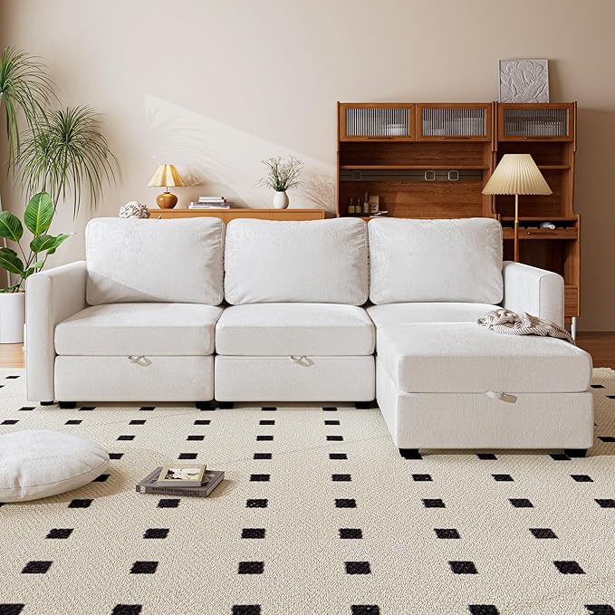 mestyl Modular Sectional Sofa Convertible L Shaped Sofa Couch Set with Storage for Living Room, Modern 3 Seater Modular Sectional Couch with Movable Ottoman (Beige)-Ruum Studio Home