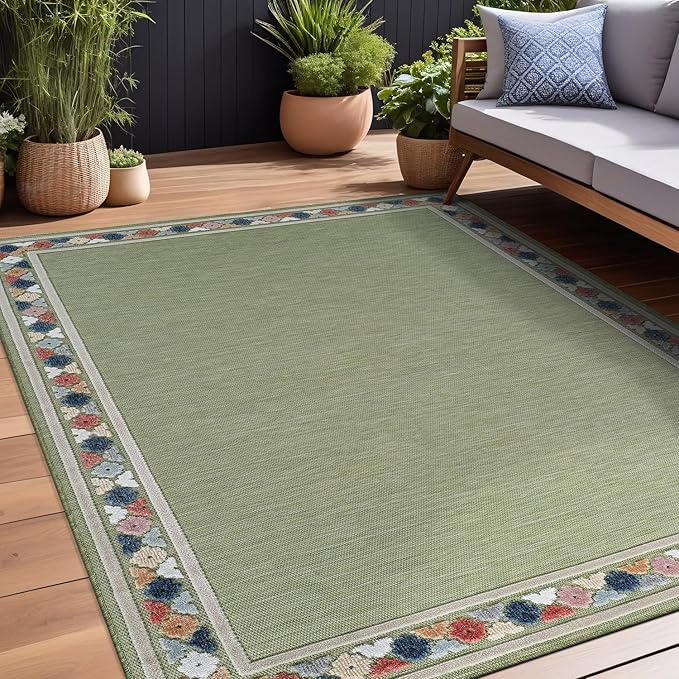 Beverly Rug Outdoor Rug 9x12 Modern Bordered Large Area Rugs for Indoor and Outdoor Patio Easy to Clean Non Shedding Living Room Porch Garden Washable Outside Carpet (9 x 12 Green)-Ruum Studio Home