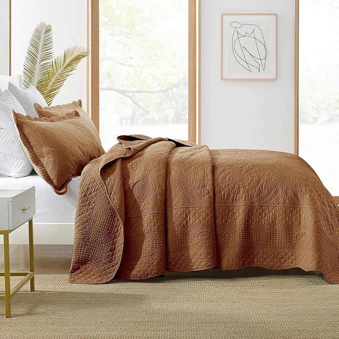 MarCielo 3-Piece 100% Cotton Oversized Bedspread Lightweight Quilt Coverlet Embroidery Farmhouse Bedding Set (Tf Dusty Orange, Oversized Queen (100"x106"))-Ruum Studio Home