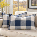 decorUhome Buffalo Plaid Check Throw Pillow Covers 12x20 Set of 2, Outdoor Lumbar Decorative Farmhouse Neutral Pillow Covers with Stitched Edge for Bed Couch Sofa, Navy Blue and White-Ruum Studio Home